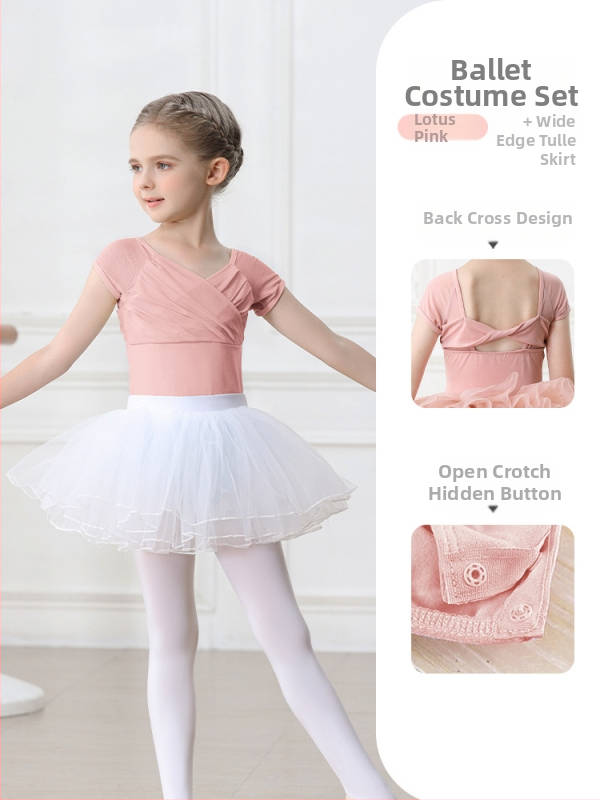 Vaikų baleto komplektas iš medvilnės (95,2%), su petnešėlėmis ir trumpomis rankovėmis, treniruotėms, 3–8 metai