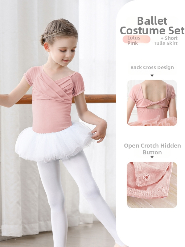 Vaikų baleto komplektas iš medvilnės (95,2%), su petnešėlėmis ir trumpomis rankovėmis, treniruotėms, 3–8 metai