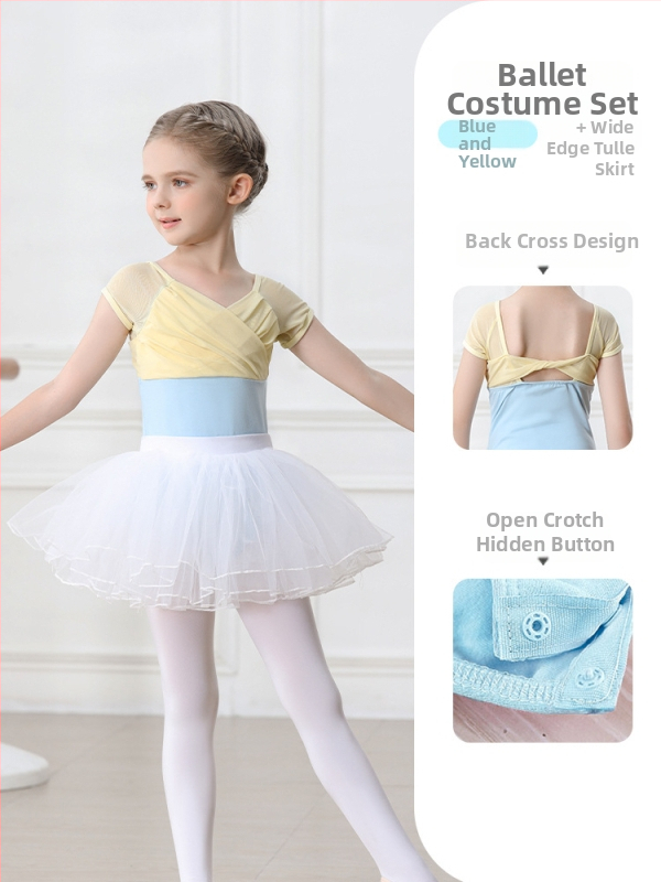 Vaikų baleto komplektas iš medvilnės (95,2%), su petnešėlėmis ir trumpomis rankovėmis, treniruotėms, 3–8 metai
