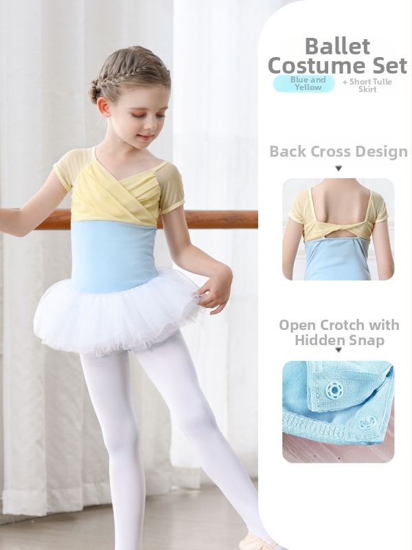 Vaikų baleto komplektas iš medvilnės (95,2%), su petnešėlėmis ir trumpomis rankovėmis, treniruotėms, 3–8 metai