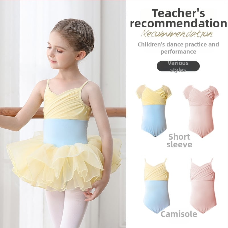 Bērnu baleta komplekts no kokvilnas (95,2%), ar plecu siksnām un īsiem piedurknēm, trenēšanai, vecums 3–8 gadi