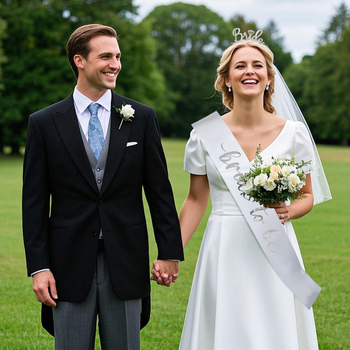 Комплект сватбени реквизити: воал, диадема и рамен колан — Kashitong; сатен + цинкова сплав; полуручна и полумеханична изработка; тегло 75 g