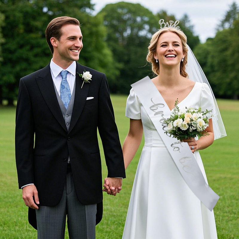 Комплект сватбени реквизити: воал, диадема и рамен колан — Kashitong; сатен + цинкова сплав; полуручна и полумеханична изработка; тегло 75 g