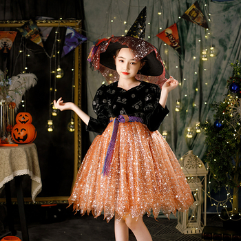 Costum de Halloween pentru copii: Rochie de prințesă‑vrăjitoare pentru reprezentații pe scenă – organza cu 80% polipropilenă și spandex, set pantaloni, pentru vârsta 3–8 ani, toamnă