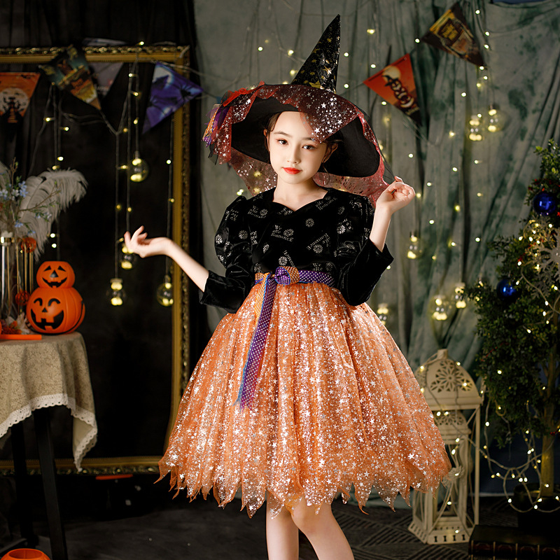 Costum de Halloween pentru copii: Rochie de prințesă‑vrăjitoare pentru reprezentații pe scenă – organza cu 80% polipropilenă și spandex, set pantaloni, pentru vârsta 3–8 ani, toamnă