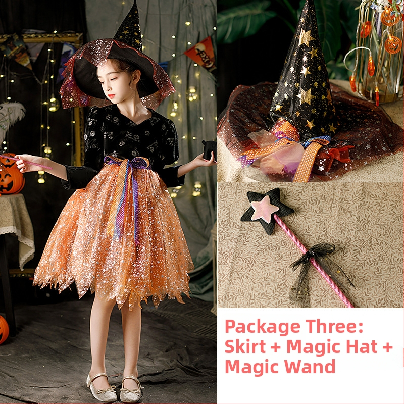 Vaikų Helovyno kostiumas: Raganių princų princesės suknelė sceniniam pasirodymui – organza su 80% polipropileno ir spandekso, kelnių komplektas, 3–8 metų vaikams, ruduo