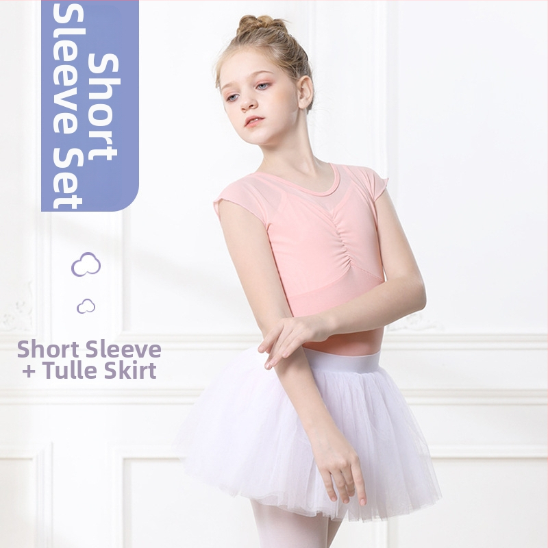 Mergaičių vasaros trumpomis rankovėmis šokių apranga su tutu sijonu, 95% medvilnė, švelnus audinio apdorojimas