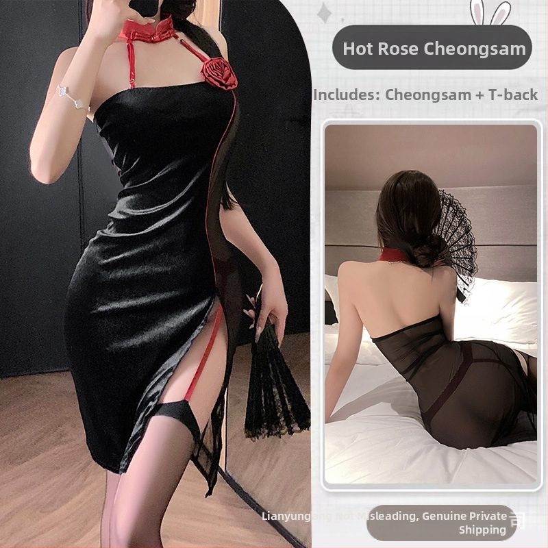 Cheongsam stiliaus erotinis apatinių komplektas su tinkliniais permatomi paneliais, poliesterio audinys, poliesterio sudėtis 90–95%