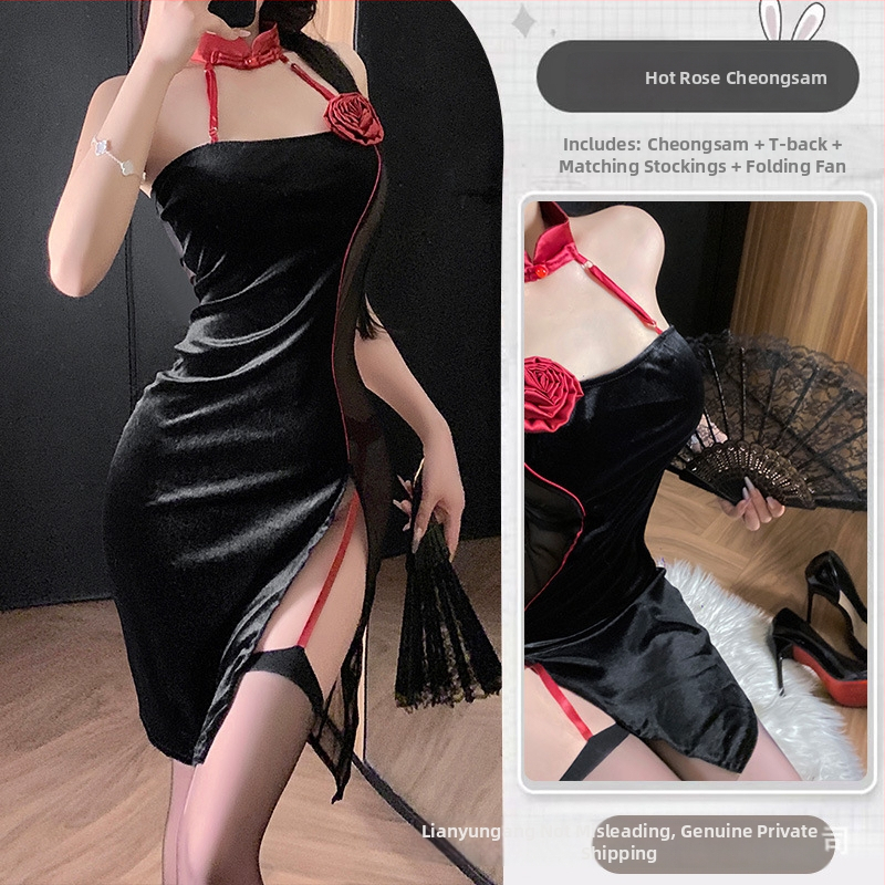 Cheongsam stiliaus erotinis apatinių komplektas su tinkliniais permatomi paneliais, poliesterio audinys, poliesterio sudėtis 90–95%