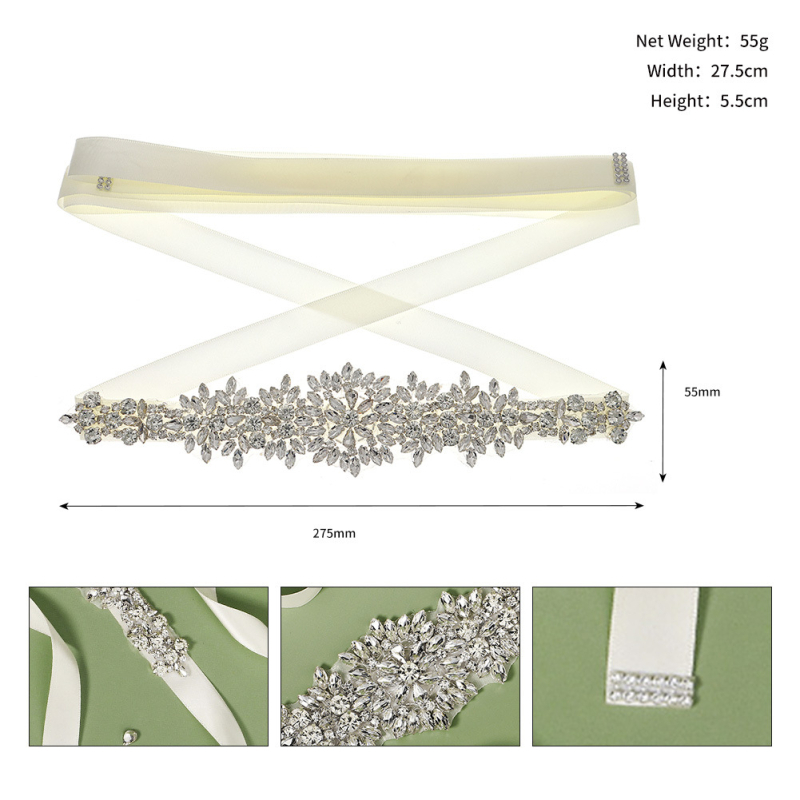 Vestuvinė juosta su rhinestones, kaspino sagtis, rišimo užsegimas, platus (>4 cm), lengvas prabangos stilius, 2023 m. pavasaris