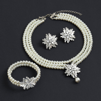 Dirbtinių perlų juvelyrinių komplektas: auskarai, karolė ir apyrankė; snaigių raštas; pakabuko medžiaga: lydinys; apdorojimo technologija: deimantas; medžiaga: dirbtinės perlai