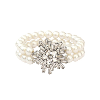 Dirbtinių perlų juvelyrinių komplektas: auskarai, karolė ir apyrankė; snaigių raštas; pakabuko medžiaga: lydinys; apdorojimo technologija: deimantas; medžiaga: dirbtinės perlai