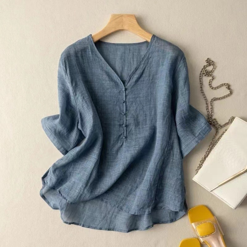 Ženski lagani T‑shirt s V-izrezom, jednostavan u četiri boje, umjetnički retro stil, prozračan, kratki rukav, širok kroj, jednobojan