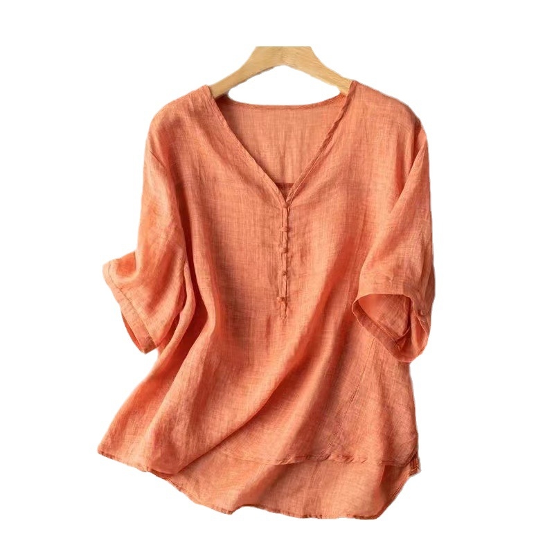 Ženski lagani T‑shirt s V-izrezom, jednostavan u četiri boje, umjetnički retro stil, prozračan, kratki rukav, širok kroj, jednobojan
