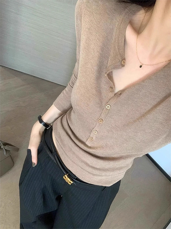 Ženski pleteni top s V-izrezom, uski kroj, vintage stil
