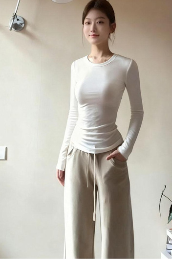 Bijela ženska uska majica s dugim rukavima, okrugli izrez, korejski stil za jesen-zimu