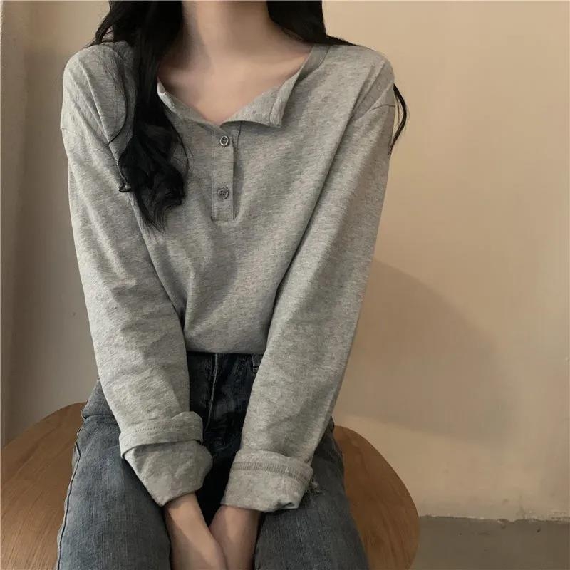 Ženska majica s dugim rukavima, slim fit, pulover stil, poliester tkanina, jednobojna, korejski stil, proljeće–jesen
