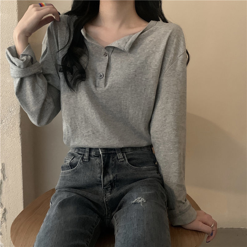 Ženska majica s dugim rukavima, slim fit, pulover stil, poliester tkanina, jednobojna, korejski stil, proljeće–jesen