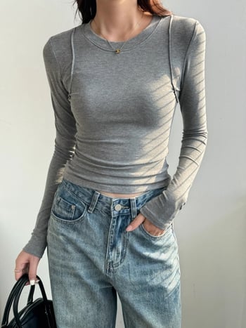 Дамска Т-шърт с вискоза и еластан, едноцветна, дълги ръкави, кръгло деколте, Slim Fit