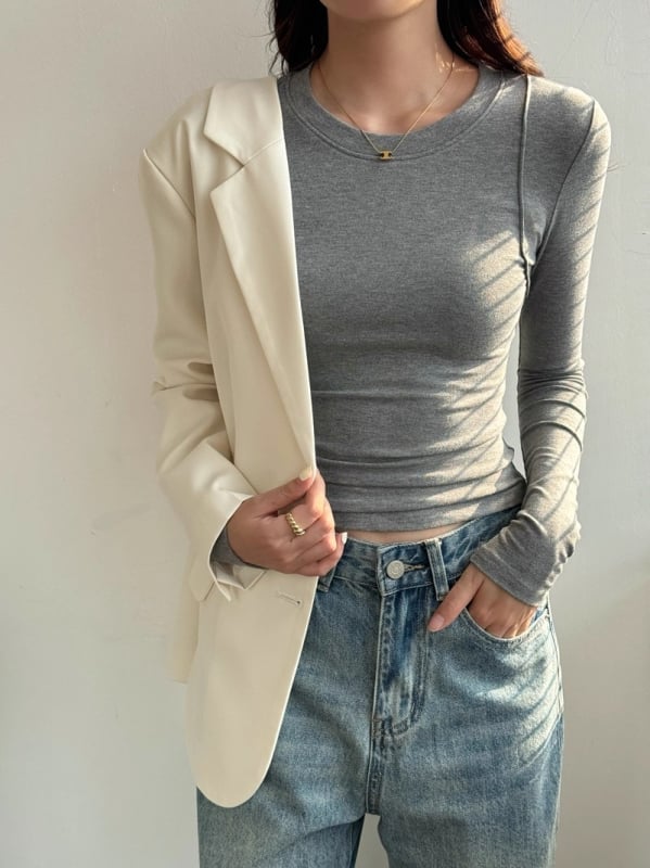 Дамска Т-шърт с вискоза и еластан, едноцветна, дълги ръкави, кръгло деколте, Slim Fit