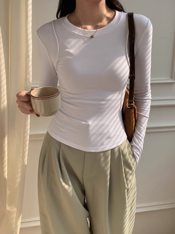 Дамска Т-шърт с вискоза и еластан, едноцветна, дълги ръкави, кръгло деколте, Slim Fit