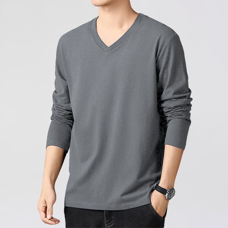 V kaklo marškinėliai su ilgomis rankovėmis, slim-fit, 100% medvilnė, plonas audinys