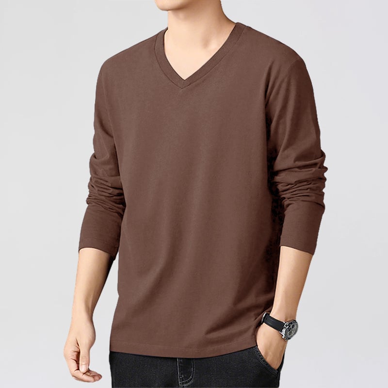 V kaklo marškinėliai su ilgomis rankovėmis, slim-fit, 100% medvilnė, plonas audinys