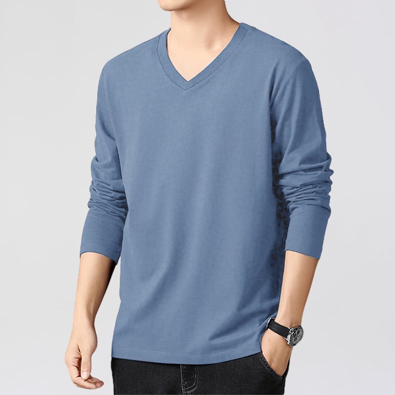 V kaklo marškinėliai su ilgomis rankovėmis, slim-fit, 100% medvilnė, plonas audinys
