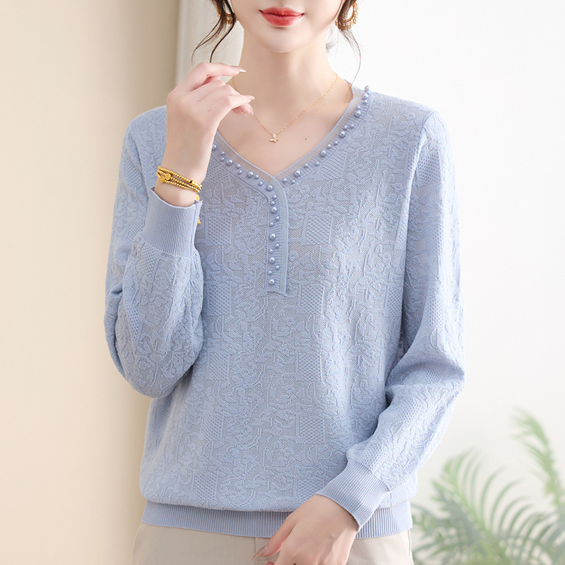 Γυναικείο χαλαρό πλεκτό μπλουζάκι με V-λαιμό, casual στυλ, πολυεστέρας 95%+, φθινόπωρο 2025