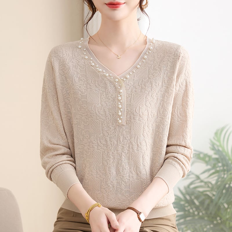 Γυναικείο χαλαρό πλεκτό μπλουζάκι με V-λαιμό, casual στυλ, πολυεστέρας 95%+, φθινόπωρο 2025