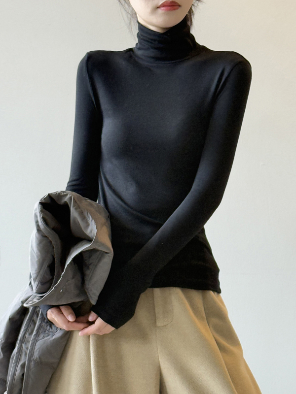 Tencel Lyocell pikkade varrukatega naiste T-särk, kõrge kaelus, slim istuvus, ühes toonis muster, sügis 2025