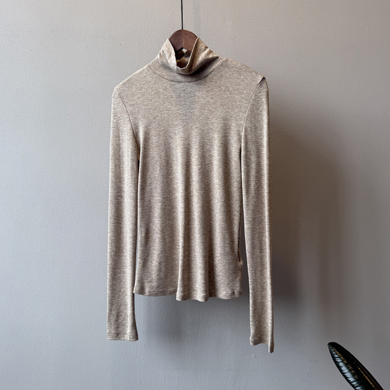 Tencel Lyocell pikkade varrukatega naiste T-särk, kõrge kaelus, slim istuvus, ühes toonis muster, sügis 2025