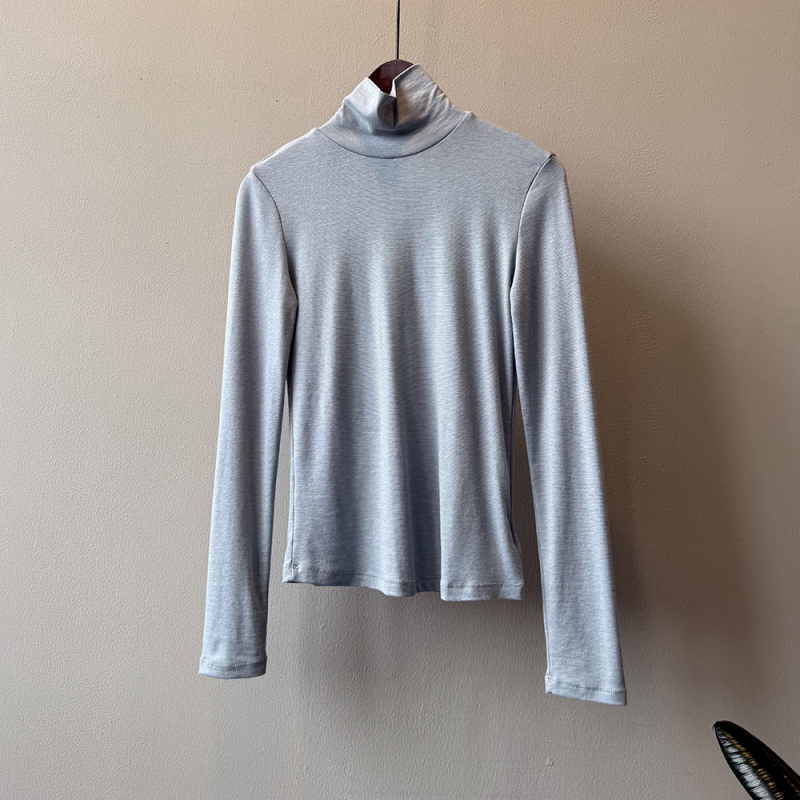 Tencel Lyocell pikkade varrukatega naiste T-särk, kõrge kaelus, slim istuvus, ühes toonis muster, sügis 2025