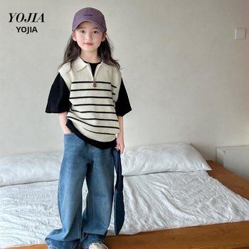 Mergaitėms megzta liemenė, korėjietiško stiliaus, be rankovių, V kaklo iškirptė, poliesterio audinys, pavasaris 2025