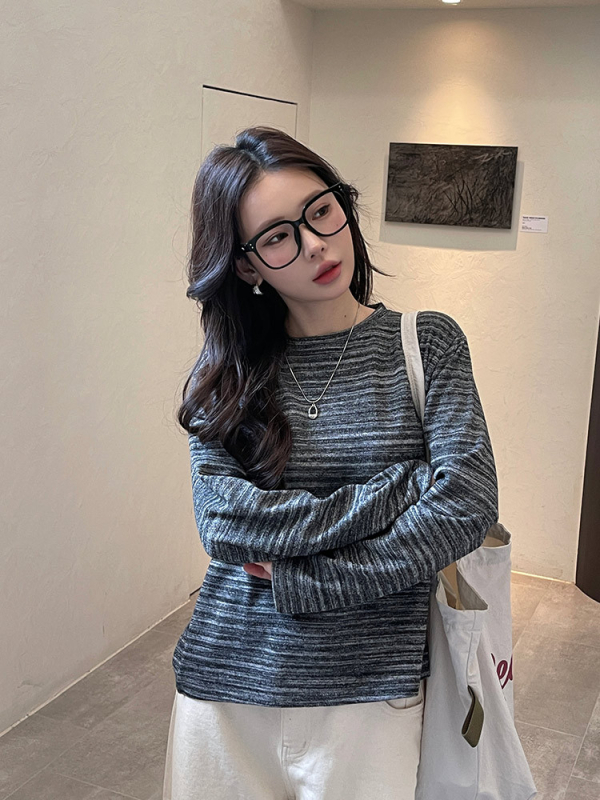 Top tricotat pentru femei cu model gradient și dungi, mâneci lungi, croială lejeră, decolteu rotund, stil casual, toamnă 2025