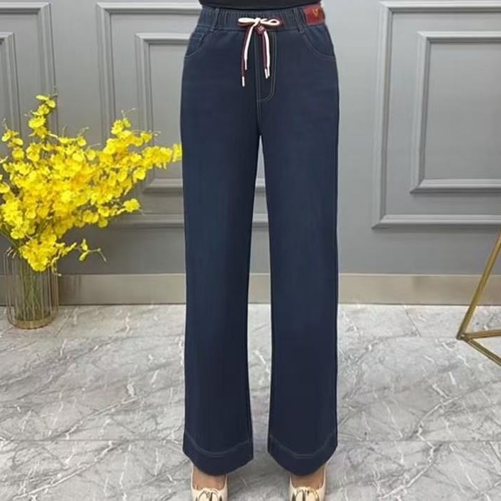 Traperice s visokim strukom, ravni kroj, s vezicom, denim pamuk, mikroelastične