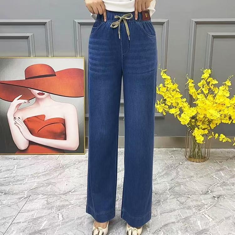 Traperice s visokim strukom, ravni kroj, s vezicom, denim pamuk, mikroelastične