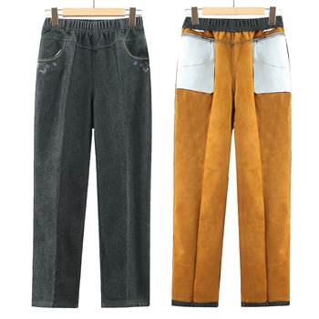 Дънкови панталони за средна и възрастни жени: еластична талия, висока талия, свободен прав крак; деним, памук 95%+, спандекс; зима 2023