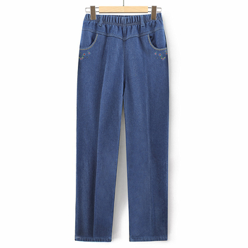 Дънкови панталони за средна и възрастни жени: еластична талия, висока талия, свободен прав крак; деним, памук 95%+, спандекс; зима 2023