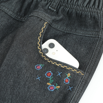 Дънкови панталони за средна и възрастни жени: еластична талия, висока талия, свободен прав крак; деним, памук 95%+, спандекс; зима 2023