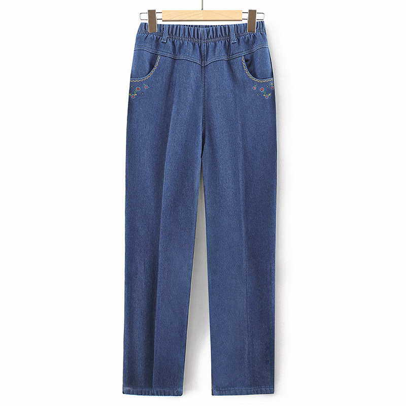 Дънкови панталони за средна и възрастни жени: еластична талия, висока талия, свободен прав крак; деним, памук 95%+, спандекс; зима 2023