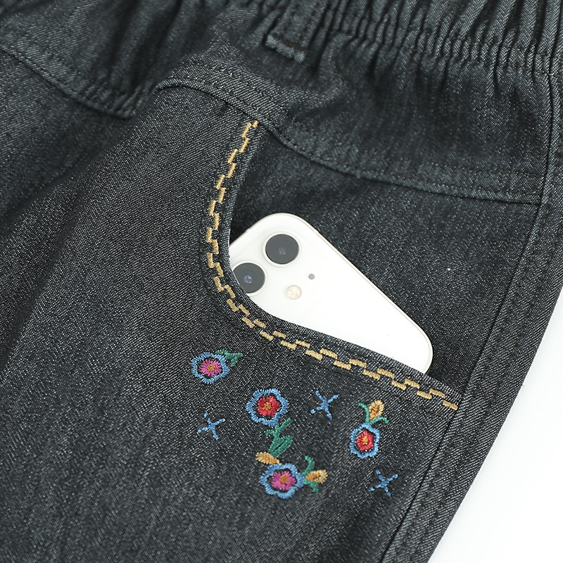 Дънкови панталони за средна и възрастни жени: еластична талия, висока талия, свободен прав крак; деним, памук 95%+, спандекс; зима 2023