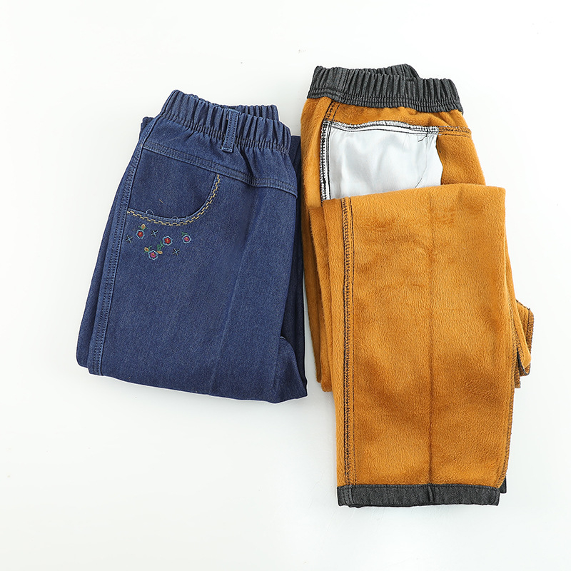 Дънкови панталони за средна и възрастни жени: еластична талия, висока талия, свободен прав крак; деним, памук 95%+, спандекс; зима 2023