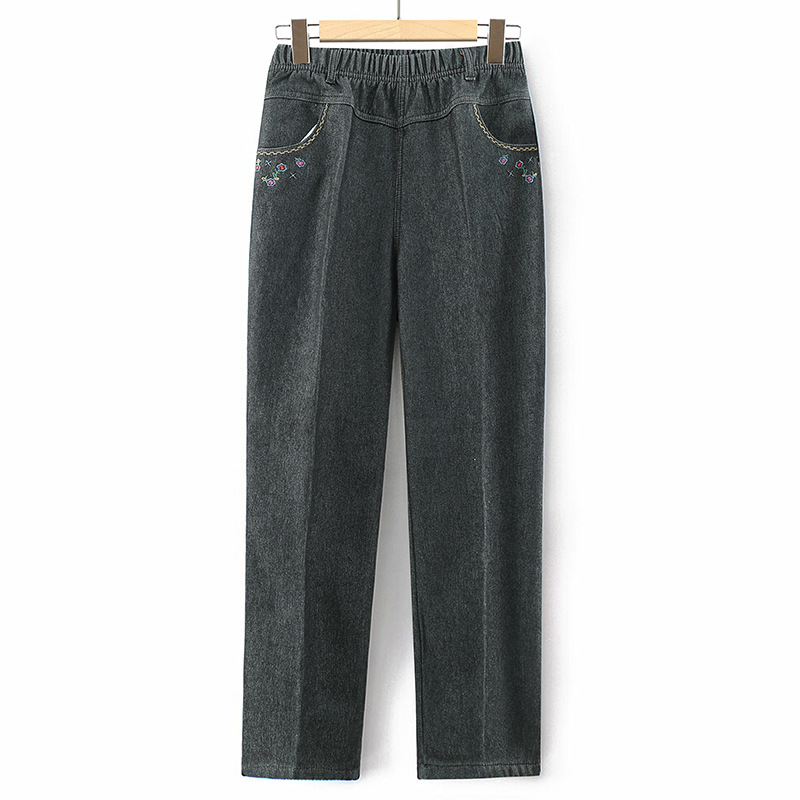 Дънкови панталони за средна и възрастни жени: еластична талия, висока талия, свободен прав крак; деним, памук 95%+, спандекс; зима 2023
