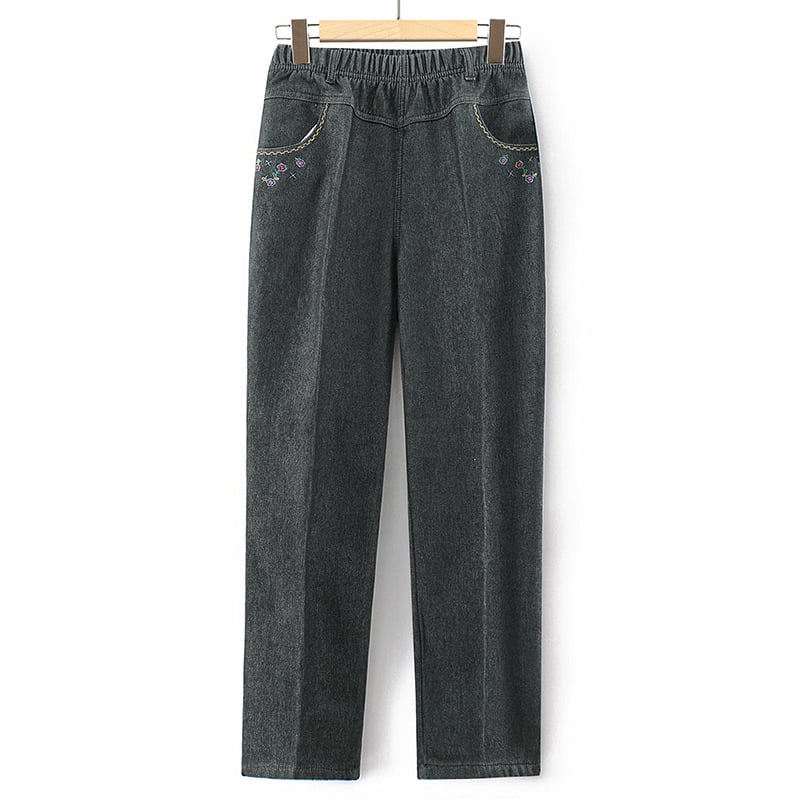 Дънкови панталони за средна и възрастни жени: еластична талия, висока талия, свободен прав крак; деним, памук 95%+, спандекс; зима 2023