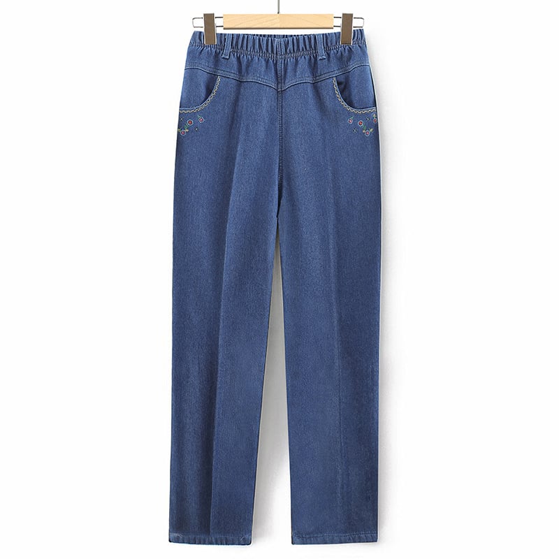 Дънкови панталони за средна и възрастни жени: еластична талия, висока талия, свободен прав крак; деним, памук 95%+, спандекс; зима 2023