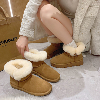 Damski sniego batai iš veršienos odos, su dirbtine trumpa kailio įdaila, mikropluošto įdėklas, gumos padas, vidutinio aukščio bateliai