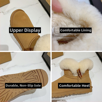 Damski sniego batai iš veršienos odos, su dirbtine trumpa kailio įdaila, mikropluošto įdėklas, gumos padas, vidutinio aukščio bateliai