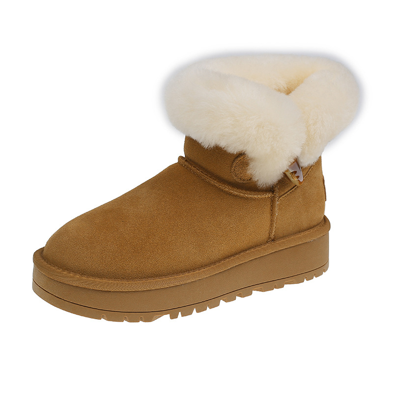 Damski sniego batai iš veršienos odos, su dirbtine trumpa kailio įdaila, mikropluošto įdėklas, gumos padas, vidutinio aukščio bateliai