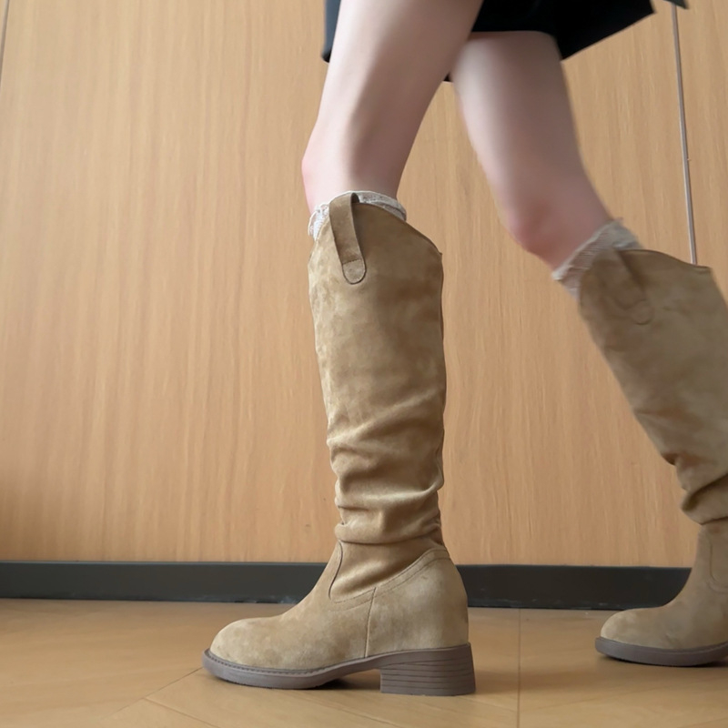 Botine Martin pentru femei, gambă înaltă, vârf rotund, toc pătrat, partea superioară: piele split, talpă cu mai multe straturi, închidere: Socket, toamnă 2025